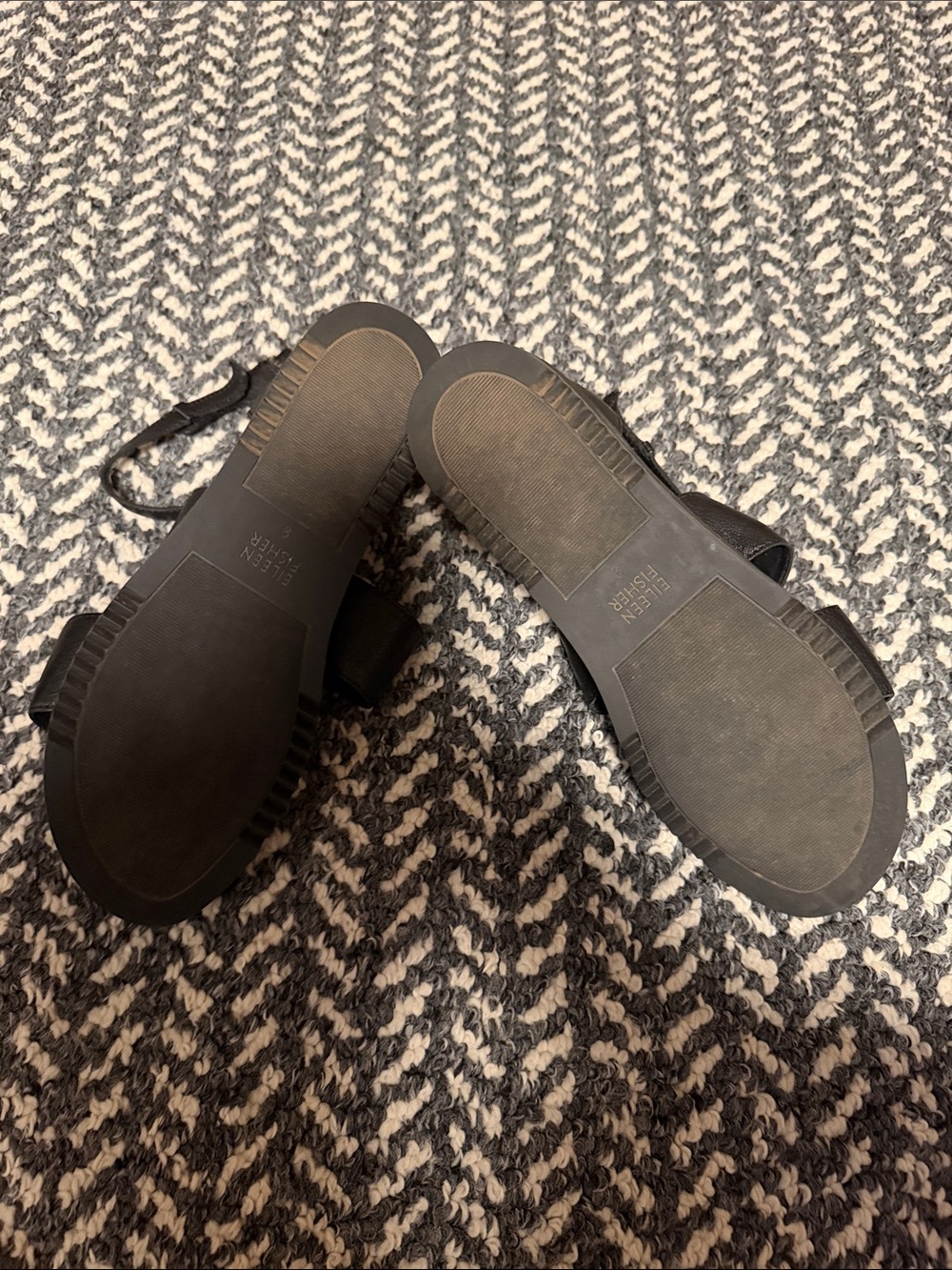 Eileen Fisher Black Leather Wide-Strap Platform Sandals - Picture 4 of 5